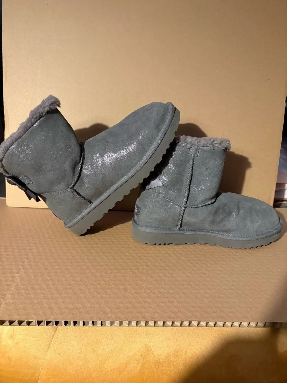 UGG Women Gray Suede Sheepskin Boots with Back Bow